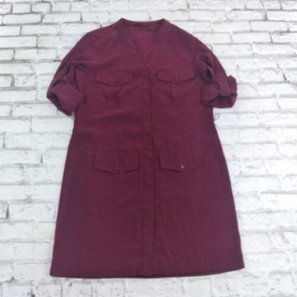 Express Shirt Dress Womens XS Red Button Up Roll Tab Sleeve Pockets Safari Shift
